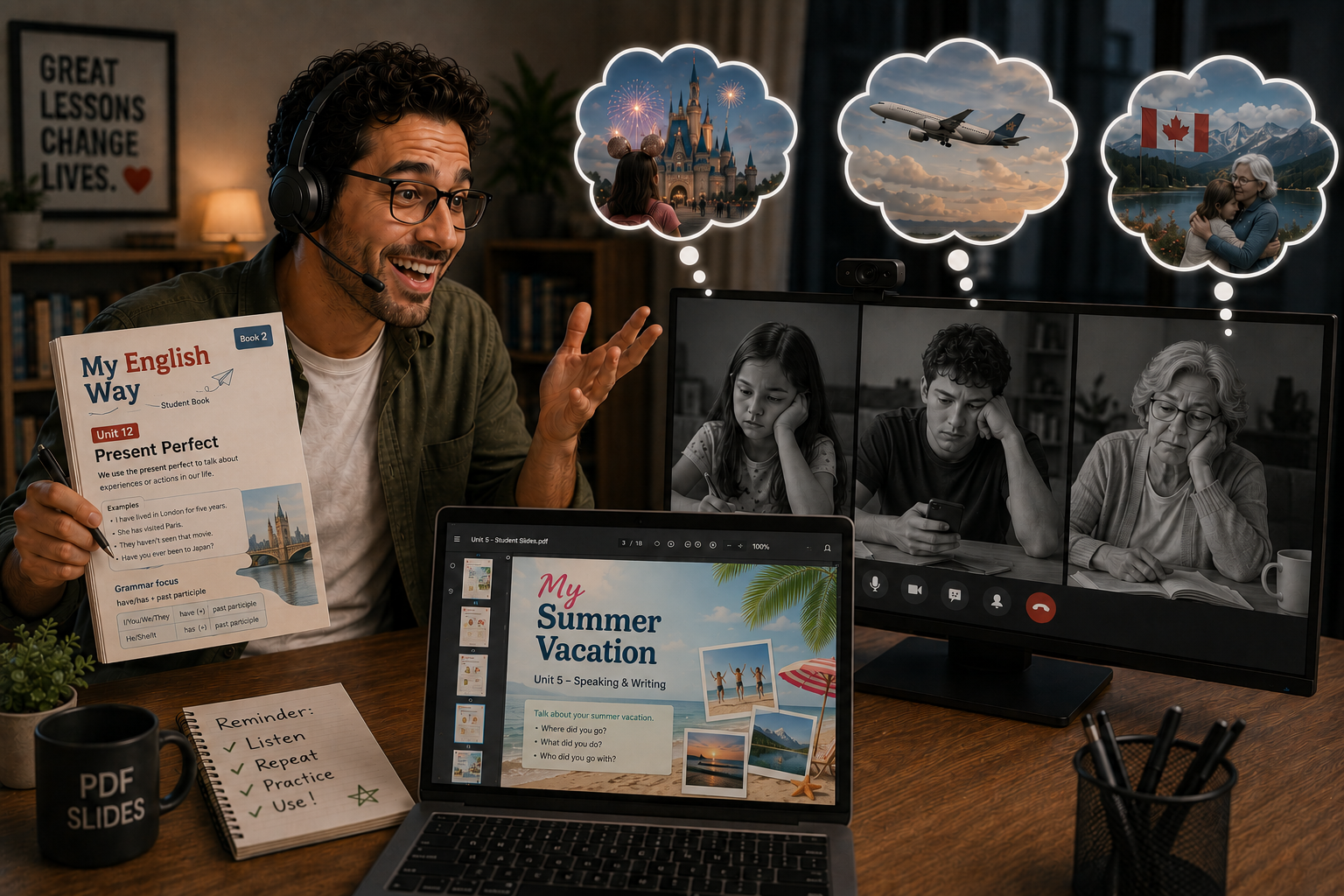 Em uma aula online, um professor apresenta com entusiasmo um material genérico, uma apostila Cambridge de gramática e um slide pronto sobre férias de verão, enquanto três alunos, em tons de cinza, aparecem entediados na chamada de vídeo, cada um imaginando seu objetivo real: uma viagem à Disney, pilotar um avião e visitar os netos no Canadá.